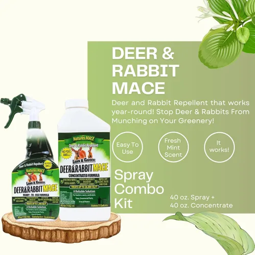 Vista 2 de Nature's MACE Maza para Ciervos y Conejos, repelente de ciervos para plantas, kit combinado de 40 onzas, spray de menta, mantiene a los ciervos