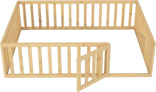 Vista 4 de SOFTSEA Marco de cama de suelo con valla, marco de cama Montessori Queen para niños pequeños, sin listones de cama