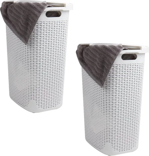 Vista 19 de Mind Reader Cesta delgada para ropa sucia de 60 L, cesta de ropa, tapa, diseño de mimbre, plástico, 17.65 pulgadas de largo x 13.75 pulgadas de Negro