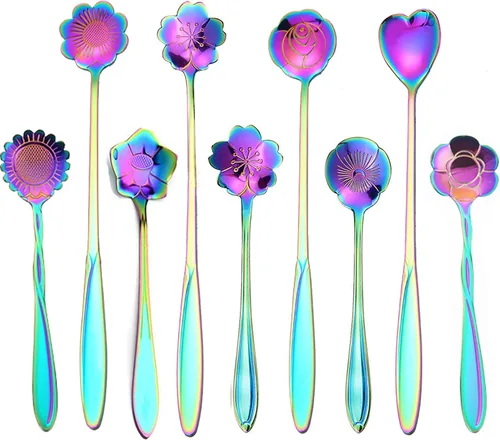 Vista 8 de Juego de 9 cucharas de café con diseño de flores, cucharas de té de acero inoxidable para decoraciones de fiesta de té (dorado)