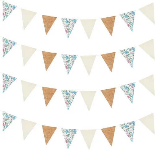 Zwiebeco 39Ft Beige Floral Fabric Pennant Banner Vintage Burlap Triangle Flag Retro Flower Bunting Party Decoration for Birthday Engagement Wedding