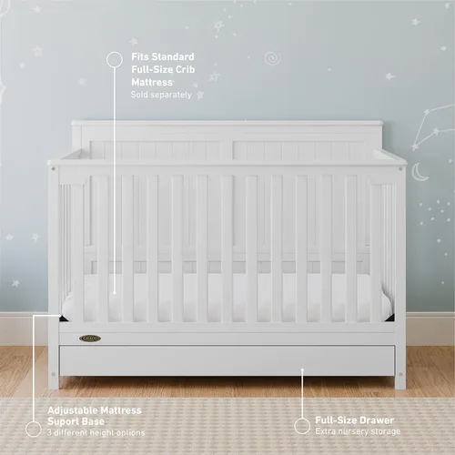 Vista 2 de Graco Hadley - Cuna convertible 5 en 1 con cajón (blanco) Certificado GREENGUARD Gold, cuna con cajón combinado, cajón de almacenamiento
