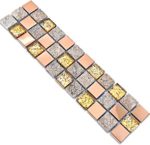Hominter Muestra de azulejos de 3 x 12 pulgadas: Azulejo de acero inoxidable de oro rosa, azulejo de vidrio para cocina y baño, azulejos de pared de