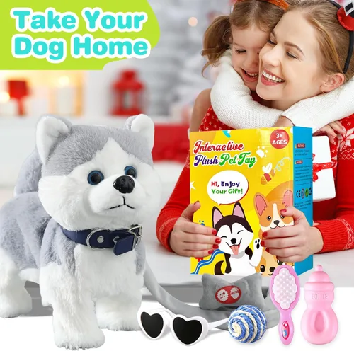 Vista 8 de HCdoujoy Husky Juguete de Perro que Camina y Ladra, Musical Cantando Bailando Control de Volumen Cachorro Interactivo que Camina con Correa, Cola