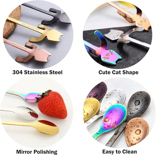 Vista 3 de Juego de 6 cucharas de té y café, de acero inoxidable, mini cucharas largas y lindas para gatito, para mezclar bebidas de postre (multicolor)