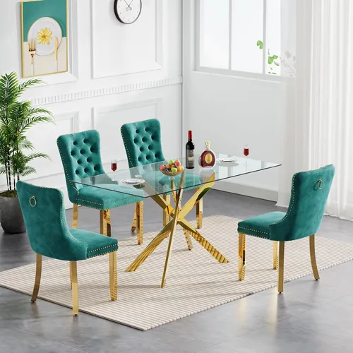 Vista 39 de Juego de 4 mesas de comedor modernas de 36 pulgadas, mesa de comedor redonda de vidrio templado y 4 sillas de comedor de terciopelo beige, mesa