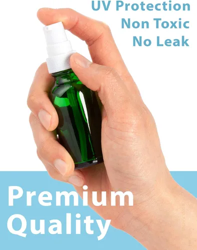 Vista 3 de JUVITUS Botella redonda Boston de vidrio verde de 1 oz / 1.0 fl oz con bomba de tratamiento blanca (paquete de 12) + embudo