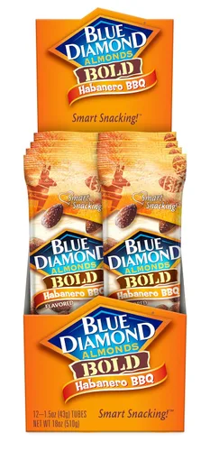 Vista 2 de Blue Diamond Bold Almendras, barbacoa Habanero, tubos de 1.5 onzas, 12 tubos cada caja