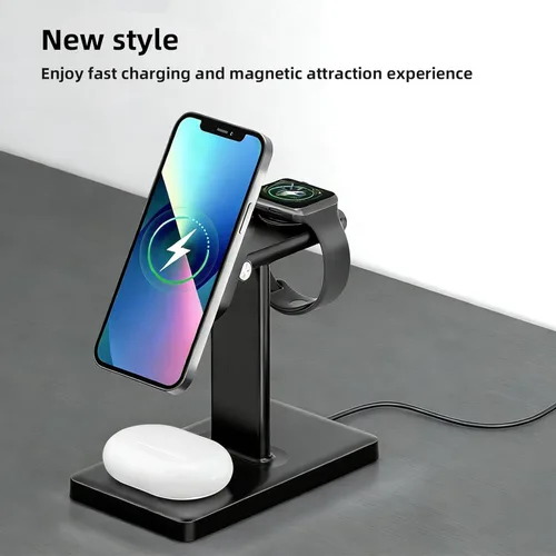 Vista 2 de Soporte de cargador inalámbrico 3 en 1 para iPhone, Apple Watch y AirPods, estación de carga magnética para múltiples dispositivos Apple
