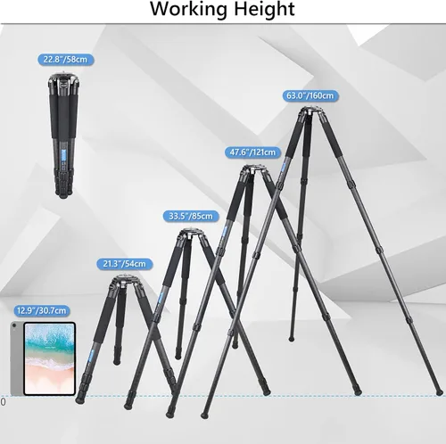 Vista 7 de ARTCISE Trípode de fibra de carbono AS88C con cuenco de 2.953 in y adaptador, trípode para cámara resistente, 10 capas, tubo de pierna de 1.417 in