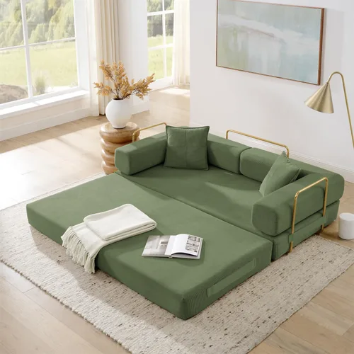 Vista 12 de Sofá cama plegable convertible 4 en 1, sofá sin hueso de 78 pulgadas con marco de forma fija, sofá biplaza de pana con cama extraíble, sofá