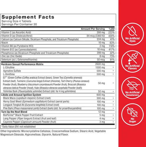 Vista 4 de Force Factor Suplemento potenciador de óxido nítrico Hardcore para hombres con L-citrulina, yohimbe, maca negra y vitaminas B para aumentar