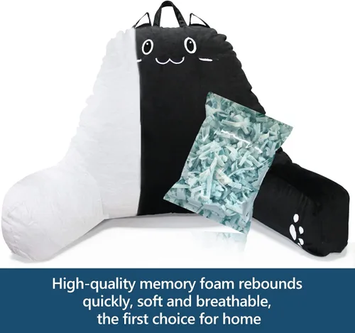 Vista 8 de SUNSIDE Almohada de lectura para sentarse en la cama, almohada de espuma viscoelástica triturada para adultos y niños con brazos, almohada de cama