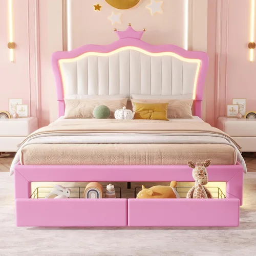 Vista 28 de Elegante cama de princesa tapizada de tamaño individual con cabecera corona, plataforma de piel sintética con soporte resistente de listones