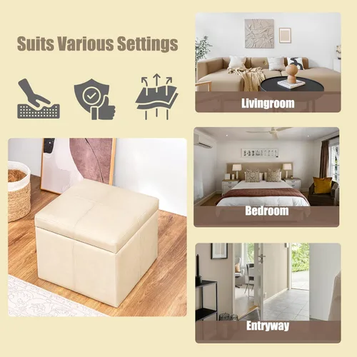 Vista 5 de Homebeez Faux Leather Storage Ottoman, 17.3" Square Upholstered Small Foot Rest Stool Cube Footstool with Hinged Lid, Load 300 lb, for Living Room