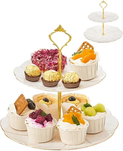 DUJUST Torre de porcelana de lujo de 2 niveles para cupcakes, bandeja de servir estilo británico con borde dorado, soporte de exhibición de postres