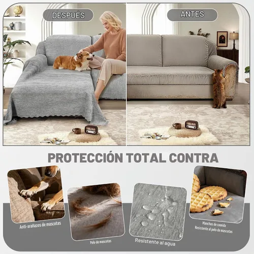 Vista 4 de juego de fundas 100% impermeables para sofá modular para perros de felpilla en forma de L, juego de manta para sofá con borlas, funda deslizante