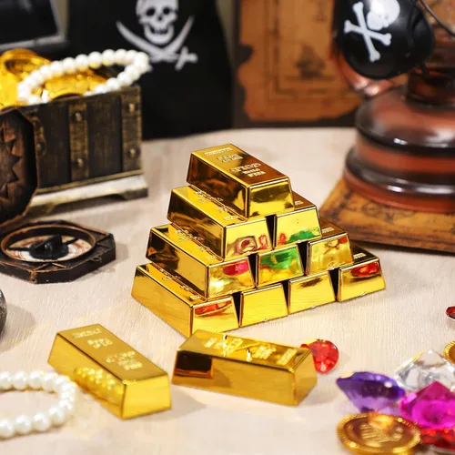 Vista 4 de HyDren 12 barras de oro falsas, réplicas de lingotes de oro brillantes, accesorios de película de ladrillo brillante, decoración de escenario