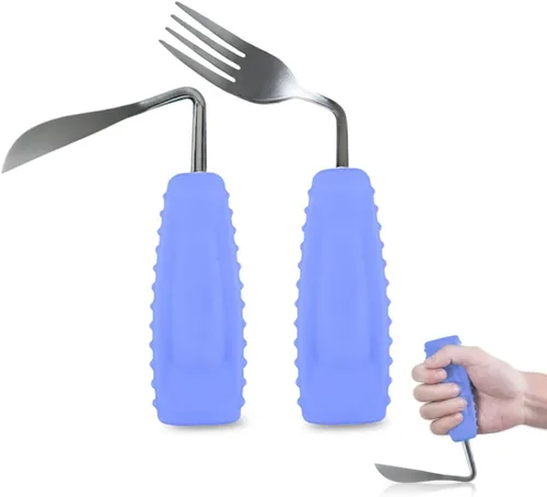 Vista 8 de Adaptive Utensils - Cuchillo y tenedor en ángulo para temblores de manos, parkinson, utensilios pesados con asas antideslizantes de fácil agarre