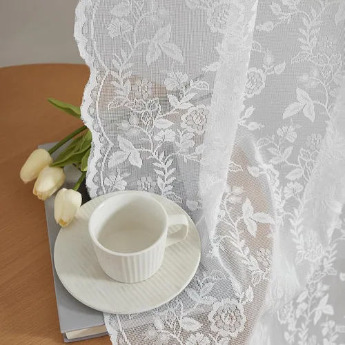 Vista 9 de FINECITY 2 paneles de cortinas de encaje beige de 36 pulgadas de largo con hojas florales rústicas, cortinas cortas y transparentes para ventana
