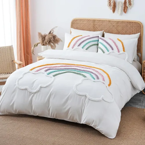 Vista 14 de MEILA Juego de funda de edredón de microfibra lavada, tamaño individual, diseño de arco acolchado, juego de ropa de cama de 2 piezas, bordado