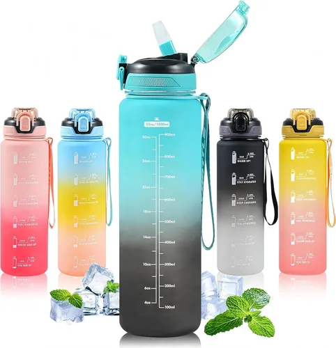 Botella de agua con popote de 1 litro, botellas de agua para niños con popote de 1 litro, botella de agua deportiva a prueba de fugas, botellas de