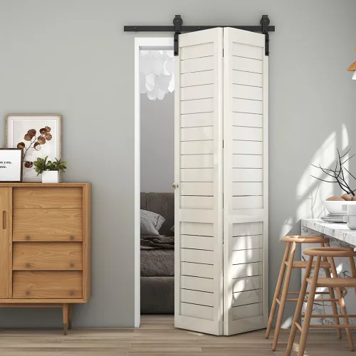 TSMST Kit de rieles de puerta corrediza de granero biplegable de 3.5 pies para 2 puertas, kit de herrajes para puerta de granero plegable