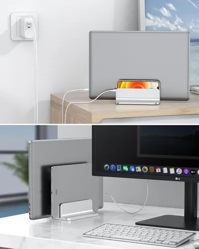 Vista 6 de Omoton Soporte vertical para computadora portátil [Versión doble actualizada], soporte de aluminio para computadora de sobremesa para Mac Book