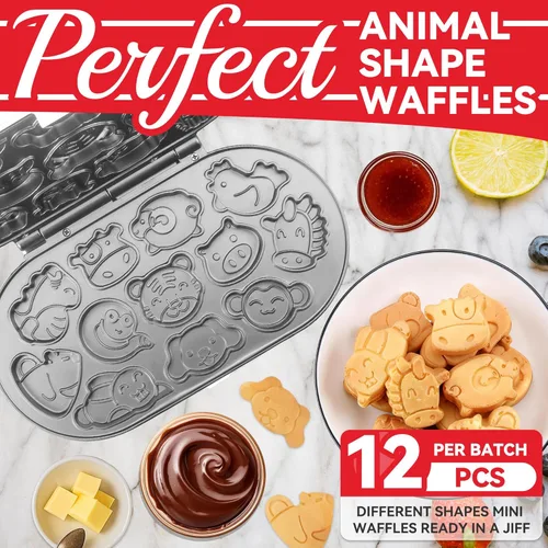 Vista 3 de SugarWhisk Mini Waflera de Animales para Niños, Mini Máquina para Hacer Panqueques con 12 Moldes Diferentes de Panqueques de Animales, Plancha