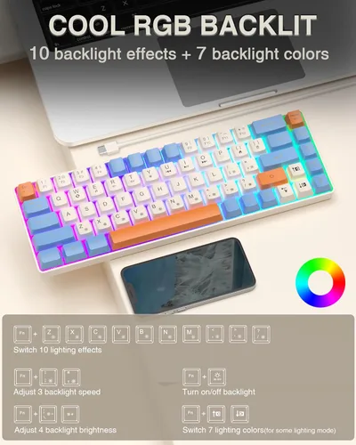Vista 2 de Teclado 60%, teclado para juegos retroiluminado RGB con cable USB-C, portátil de 68 teclas, mini teclado compacto para viajes de negocios, oficina
