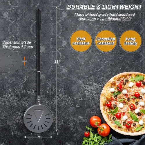 Vista 8 de Pala de Pizza Giratoria, 8 Pulgadas con Mango de 25 Pulgadas Pala de Pizza Giratoria Redonda, Espátula de Pizza Giratoria de Aluminio Anodizado