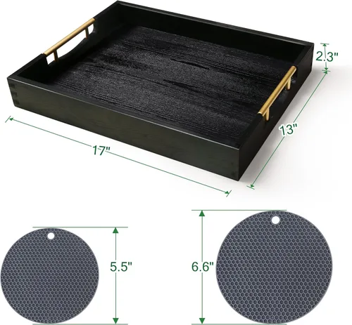 Vista 2 de LotFancy Bandeja de madera para servir, 17 x 13 pulgadas, bandeja otomana grande con asas de metal, bandeja decorativa de madera para sala de estar