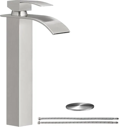 Vista 15 de Hoimpro - Grifo de baño con boquilla tipo cascada en oro cepillado, grifo de lavabo de una sola manija con orificio único, de acero inoxidable