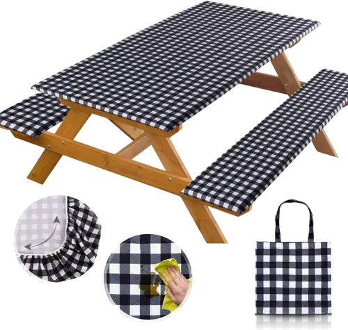 Vista 15 de RNOONY Mantel de vinilo ajustable para mesa de picnic con fundas de banco y bolsa, mantel de picnic impermeable para exteriores de 6 pies con bordes
