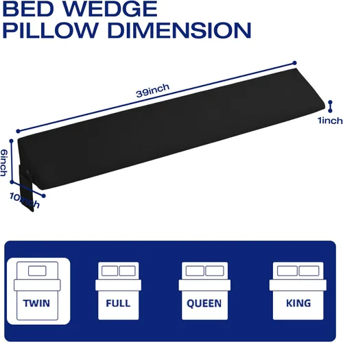 Vista 2 de Almohada de cuña para cama individual para relleno de huecos de cama/cabecera, almohadas de esquina largas triangulares negras con bolsillos, espuma