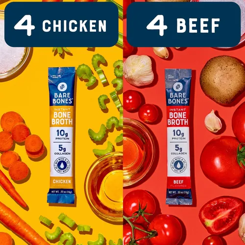 Vista 6 de Bare Bones Bone Broth - Mezcla de bebidas instantáneas en polvo, pollo y carne de res, paquete variado de 8, 4 pollos y 4 carne de res, palitos