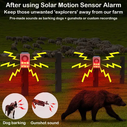 Vista 2 de Detector de movimiento solar para exteriores con sonido de ladridos de perro de 130 dB y disparo, carga USB y luz estroboscópica, disuade a