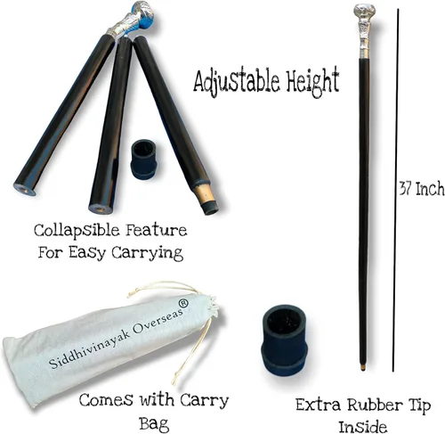 Vista 3 de Vintage Silver Brass Handle Victorian Fold able Wooden Black Walking Stick Cane Ideal Gift Men Canes Sticks Handcrafted Best Wood for Mens Women