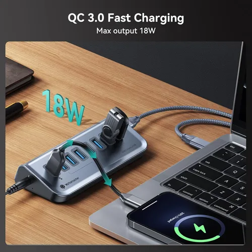 Vista 4 de Hub USB alimentado con cable USB A a C en ángulo recto y cable de extensión USB C, recto, adecuado para APC USB, laptops y consolas