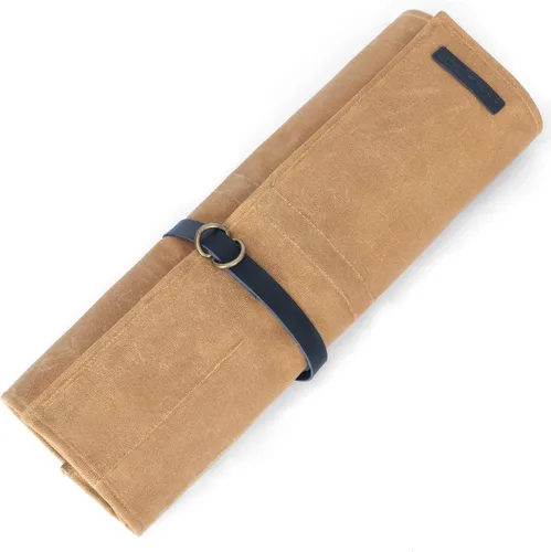 Vista 8 de Manjushri Bolsa enrollable para cuchillos de chef con 9 bolsillos de tela de lona y cinturón de cuero genuino.