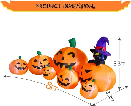 Vista 2 de DomKom Calabaza inflable de 8 pies de largo con gato negro, decoración de Halloween al aire libre con luces LED