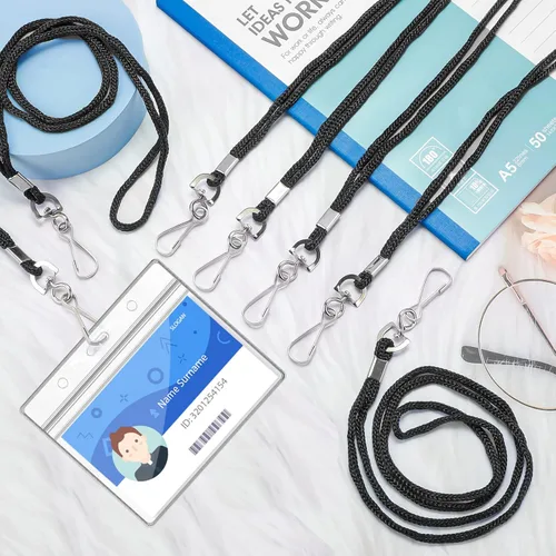 Vista 7 de 100 soportes horizontales de plástico transparente para tarjetas de identificación y 100 cordones negros para el cuello con gancho giratorio
