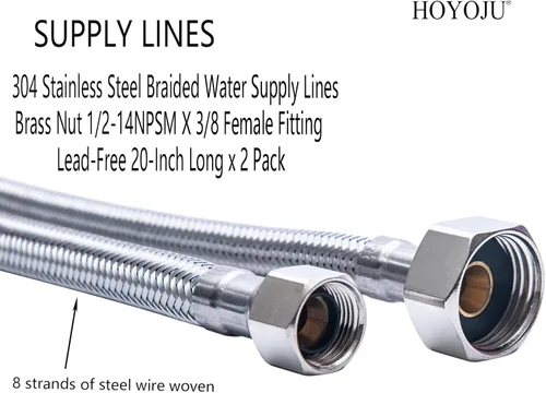 Vista 3 de Manguera de suministro de conector de grifo trenzado de 1/2 "-14NPSM Tuerca de latón x 3/8 hembra de acero inoxidable sin plomo, 20 pulgadas