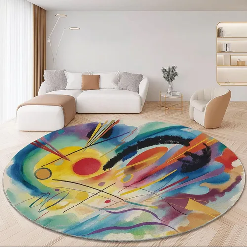 Vista 30 de Bath Mat Round Rug 2 ft, Boho Sun Line Mandala Washable Circular Rugs, Non Slip Absorbent Beige Circle Area Carpet for Kitchen Living Room Bedroom