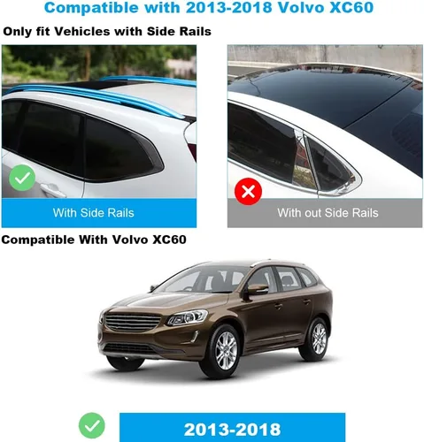 Vista 4 de JDMON Compatible con barras transversales para portaequipajes Volvo XC60 2013-2018 con rieles laterales, cerraduras antirrobo, barra transversal