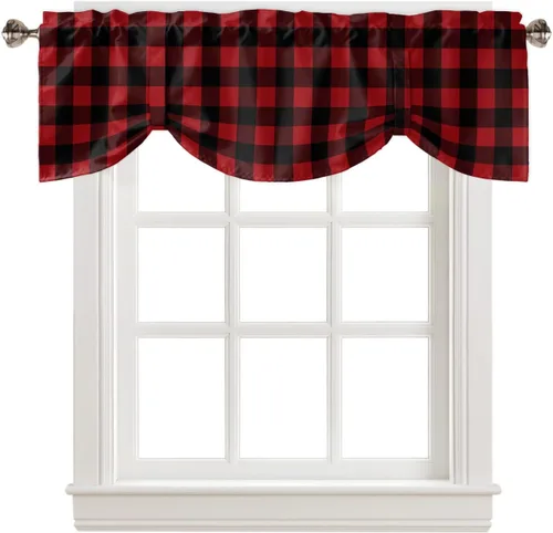 Vista 8 de Cenefa de cortina con lazo rojo de Navidad para ventanas, sala de estar, cocina, baño, granja, bolas de Navidad de acuarela con diseño de bayas