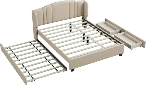 Vista 120 de Elegante cama con plataforma tapizada de terciopelo de tamaño Queen con cabecero, para niños, niñas y adolescentes (beige @cabecero/, Queen)