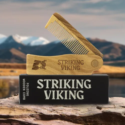 Vista 2 de Striking Viking – Peine de madera plegable ideal para cabello y barba, peine de madera antiestática para hombres
