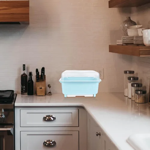 Vista 9 de Housoutil Escurridor de platos con tapa y mango de botella de lactancia, plato de cocina, escurridor de platos, bandeja para cubiertos y cubiertos