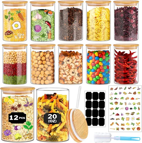 Vista 9 de BGraceyy Tarros de especias con etiquetas, 35 tarros de especias de vidrio de 4 onzas con tapas de bambú, recipientes herméticos apilables